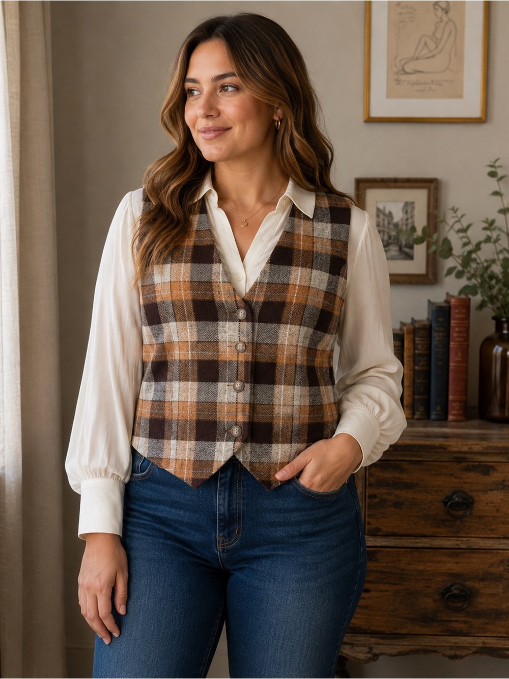 Vintage Plaid Button-Front Vest in Brown and Cream Size S Cottagecore Preppy